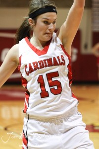 HWJ_Ellinwood_vs_Hoisington_Girls_1-20-12_0126 Savannah Rose (#15) of the Hoisington Lady Cardinals defends an inbound pass against the Ellinwood Lady Eagles at the 2012 Hoisington Winter Jam Basketball Tournament.