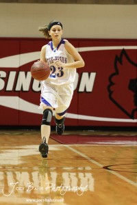 Hannah Bannister (#23) of the Otis-Bison Lady Cougars dribbles the ball down the court against the Ellinwood Lady Eagles at the 2012 Hoisington Winter Jam Basketball Tournament.