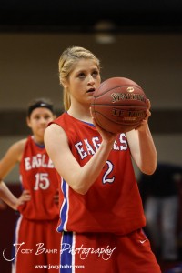 Sophie Hayes (#2) of the Ellinwood Lady Eagles lines up her shot for a free throw attempt against the Otis-Bison Lady Cougars at the 2012 Hoisington Winter Jam Basketball Tournament.