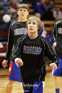 Gavin Vink (#5) of the Ellinwood Eagles warms up for the game against the Hoisington Cardinals at the Hoisington Activities Center in Hoisington, Kansas on February 10, 2012.  Photo: Joey Bahr