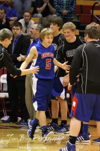 Gavin Vink (#5) of the Ellinwood Eagles runs out for the game against the Hoisington Cardinals at the Hoisington Activities Center in Hoisington, Kansas on February 10, 2012.  Photo: Joey Bahr