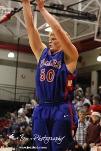 Ellinwood Eagle Ian Goering (#50) takes a shot against the Hoisington Cardinals at the Hoisington Activities Center in Hoisington, Kansas on February 10, 2012.  Photo: Joey Bahr