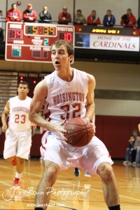 Derrick Kaiser (#32) of the Hoisington Cardinals prepares to go up for a shot against the Ellinwood Eagles at the Hoisington Activities Center in Hoisington, Kansas on February 10, 2012.  Photo: Joey Bahr