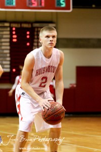 Hoisington Cardinal Trent Schremmer (#2) lines up a free throw attempt against the Ellinwood Eagles at the Hoisington Activities Center in Hoisington, Kansas on February 10, 2012.  Photo: Joey Bahr