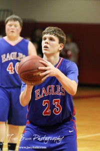 Ellinwood Eagle Cody Isern (#23) shoots a free throw against the Hoisington Cardinals at the Hoisington Activities Center in Hoisington, Kansas on February 10, 2012.  Photo: Joey Bahr