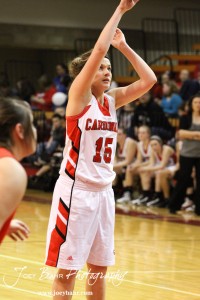 Hoisington Lady Cardinal Savannah Rose (#15) shoots a free throw against the Ellinwood Lady Eagles at the Hoisington Activities Center in Hoisington, Kansas on February 10, 2012.  Photo: Joey Bahr