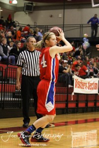 Brooke Panning (#14) of the Ellinwood Lady Eagles looks to pass the basketball to a teammate against the Hoisington Lady Cardinals at the Hoisington Activities Center in Hoisington, Kansas on February 10, 2012.  Photo: Joey Bahr