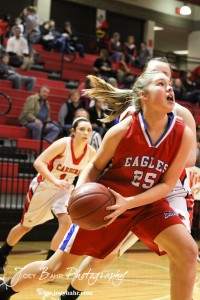 Becca Strecker (#25) of the Ellinwood Lady Eagles goes towards the basket against the Hoisington Lady Cardinals at the Hoisington Activities Center in Hoisington, Kansas on February 10, 2012.  Photo: Joey Bahr