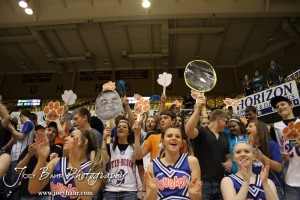 Otis-Bison Cougar fans cheer as the 2012 Class 1A Division II Boys State Championship Quarterfinals Game against the Greeley County Jackrabbits begins at Gross Memorial Coliseum at Fort Hays State University in Hays, Kansas on March 7, 2012.  Photo: Joey Bahr