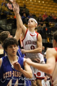 Arthur Govert (#2) of the Greeley County Jackrabbits goes up for a shot against the Otis-Bison Cougars in the 2012 Class 1A Division II Boys State Championship Quarterfinals Game at Gross Memorial Coliseum at Fort Hays State University in Hays, Kansas on March 7, 2012.  Photo: Joey Bahr