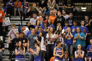 Otis-Bison Cougar students react to a play in the 2012 Class 1A Division II Boys State Championship Quarterfinals Game against the Greeley County Jackrabbits at Gross Memorial Coliseum at Fort Hays State University in Hays, Kansas on March 7, 2012.  Photo: Joey Bahr