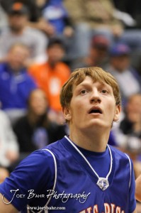 Otis-Bison Cougar Patrick Piper (#22) watches the basketball during a free throw attempt in the 2012 Class 1A Division II Boys State Championship Quarterfinals Game against the Greeley County Jackrabbits at Gross Memorial Coliseum at Fort Hays State University in Hays, Kansas on March 7, 2012.  Photo: Joey Bahr