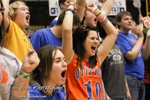 Otis-Bison Cougar fans react to their team winning against the Greeley County Jackrabbits by a score of 63 to 51in the 2012 Class 1A Division II Boys State Championship Quarterfinals Game at Gross Memorial Coliseum at Fort Hays State University in Hays, Kansas on March 7, 2012.  Photo: Joey Bahr