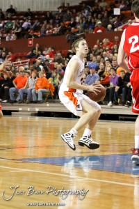 Matthew Barlow (#3) of the Abilene Cowboys jumps towards the lane against the Fort Scott Tigers in the 2012 Class 4A Boys State Championship Quarterfinals Game at Salina Bicentennial Center in Salina, Kansas on March 8, 2012.  Photo: Joey Bahr