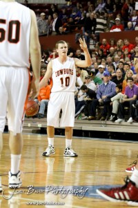 Collin Sexton (#10) of the Abilene Cowboys calls out a play against the Fort Scott Tigers in the 2012 Class 4A Boys State Championship Quarterfinals Game at Salina Bicentennial Center in Salina, Kansas on March 8, 2012.  Photo: Joey Bahr