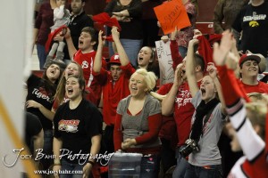 Students supporting the Fort Scott Tigers cheer as the final buzzer sounds in their win over the Abilene Cowboys in the 2012 Class 4A Boys State Championship Quarterfinals Game at Salina Bicentennial Center in Salina, Kansas on March 8, 2012.  Photo: Joey Bahr