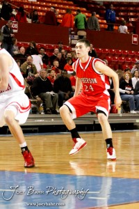Alex Bahr (#24) of the McPherson Bullpups watches the ball be thrown inbounds against the Ottawa Cyclones in the 2012 Class 4A Boys State Championship Quarterfinals Game at Salina Bicentennial Center in Salina, Kansas on March 8, 2012.  Photo: Joey Bahr