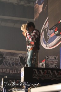 Championship Bull Riding Roto-Mix Dodge City Shootout A competitor awaits his turn to walk out to the floor of the Championship Bull Riding Roto-Mix Dodge City Shootout at United Wireless Arena in Dodge City, Kansas on March 17, 2012. Photo: Joey Bahr