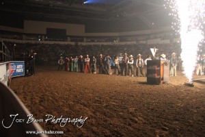 Championship Bull Riding Roto-Mix Dodge City Shootout Competitors line up for the opening ceremonies of the Championship Bull Riding Roto-Mix Dodge City Shootout at United Wireless Arena in Dodge City, Kansas on March 17, 2012. Photo: Joey Bahr