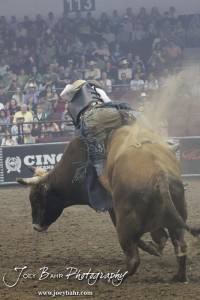 Championship Bull Riding Roto-Mix Dodge City Shootout Trent Cormier rides Rawhide from Ferguson & Harris in the Championship Bull Riding Roto-Mix Dodge City Shootout at United Wireless Arena in Dodge City, Kansas on March 17, 2012. Photo: Joey Bahr