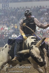 Championship Bull Riding Roto-Mix Dodge City Shootout Ardie Maier rides Buffalo Hump from Talbert Bucking Bulls in the Championship Bull Riding Roto-Mix Dodge City Shootout at United Wireless Arena in Dodge City, Kansas on March 17, 2012. Photo: Joey Bahr