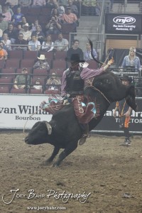 Championship Bull Riding Roto-Mix Dodge City Shootout Josh Barentine rides One More Dio from Exclusive Genetics/Jaynes Gang & Team Bays in the Championship Bull Riding Roto-Mix Dodge City Shootout at United Wireless Arena in Dodge City, Kansas on March 17, 2012. Photo: Joey Bahr