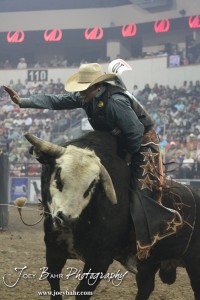 Championship Bull Riding Roto-Mix Dodge City Shootout Hector Cardona rides Plumb Nuts from Wilson/King in the Championship Bull Riding Roto-Mix Dodge City Shootout at United Wireless Arena in Dodge City, Kansas on March 17, 2012. Photo: Joey Bahr
