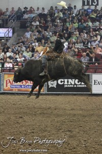 Championship Bull Riding Roto-Mix Dodge City Shootout Kevin Ventura looses his hat while riding Slip Knot from Crowed 6/Reagan in the Championship Bull Riding Roto-Mix Dodge City Shootout at United Wireless Arena in Dodge City, Kansas on March 17, 2012. Photo: Joey Bahr