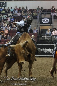 Championship Bull Riding Roto-Mix Dodge City Shootout Michael Earl rides Rowled Up from Cude Bucking Bulls in the Championship Bull Riding Roto-Mix Dodge City Shootout at United Wireless Arena in Dodge City, Kansas on March 17, 2012. Photo: Joey Bahr