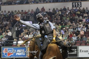 Championship Bull Riding Roto-Mix Dodge City Shootout Michael Earl rides Rowled Up from Cude Bucking Bulls in the Championship Bull Riding Roto-Mix Dodge City Shootout at United Wireless Arena in Dodge City, Kansas on March 17, 2012. Photo: Joey Bahr
