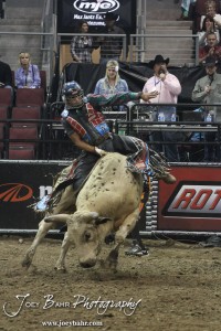 Championship Bull Riding Roto-Mix Dodge City Shootout Robson Aragao rides Little Eagle from Young Bulls/Hailey/Klein in the First Round of the Championship Bull Riding Roto-Mix Dodge City Shootout at United Wireless Arena in Dodge City, Kansas on March 17, 2012. Photo: Joey Bahr