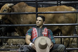 Championship Bull Riding Roto-Mix Dodge City Shootout Robson Aragao waits for his Championship Round ride in the Championship Bull Riding Roto-Mix Dodge City Shootout at United Wireless Arena in Dodge City, Kansas on March 17, 2012. Photo: Joey Bahr