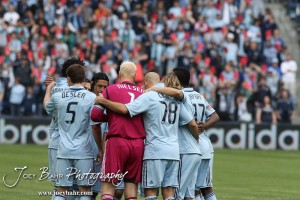 Sporting_KC_vs_LA_Galaxy_4-7-12_0425 Sporting Kansas City huddle up before the kickoff of their match with LA Galaxy at LIVESTRONG Sporting Park in Kansas City, Kansas on April 7, 2012. (Photo: Joey Bahr, www.joeybahr.com)