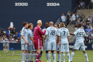 Sporting_KC_vs_LA_Galaxy_4-7-12_0578 Sporting Kansas City Goal Keeper Jimmy Nielsen (#1) huddles his teammates up during a stoppage of play against LA Galaxy at LIVESTRONG Sporting Park in Kansas City, Kansas on April 7, 2012. (Photo: Joey Bahr, www.joeybahr.com)