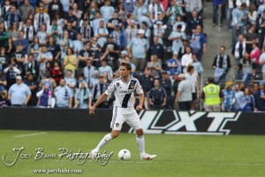 Sporting_KC_vs_LA_Galaxy_4-7-12_0587 Defender Todd Dunivant (#2) of the LA Galaxy looks to pass the ball against Sporting Kansas City at LIVESTRONG Sporting Park in Kansas City, Kansas on April 7, 2012. (Photo: Joey Bahr, www.joeybahr.com)