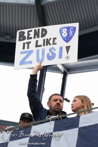 Sporting_KC_vs_LA_Galaxy_4-7-12_0922 A Sporting Kansas City supporter holds up a sign at LIVESTRONG Sporting Park in Kansas City, Kansas on April 7, 2012. (Photo: Joey Bahr, www.joeybahr.com)