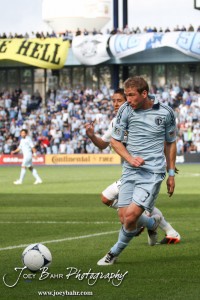 Sporting_KC_vs_LA_Galaxy_4-7-12_0951 Sporting Kansas City Forward Jacob Peterson (#37) kicks the ball against LA Galaxy at LIVESTRONG Sporting Park in Kansas City, Kansas on April 7, 2012. (Photo: Joey Bahr, www.joeybahr.com)