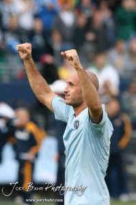 Sporting_KC_vs_LA_Galaxy_4-7-12_1201 Defender Aurelien Collin (#78) of Sporting Kansas City celebrates the win over LA Galaxy at LIVESTRONG Sporting Park in Kansas City, Kansas on April 7, 2012. (Photo: Joey Bahr, www.joeybahr.com)