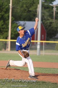 KSHSAA 4A Regional Baseball Championship Justin Engelland (#15) of the Nickerson Panthers throws a pitch against the Colby Eagles at the KSHSAA 4A Regional Baseball Championship at Legion Field in Hoisington, Kansas on May 16, 2012. (Photo: Joey Bahr, www.joeybahr.com)