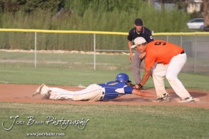KSHSAA 4A Regional Baseball Championship Colby Eagle Braden Sager (#9) tags out Nickerson Panther Jake Stiverson (#4) at the KSHSAA 4A Regional Baseball Championship at Legion Field in Hoisington, Kansas on May 16, 2012. (Photo: Joey Bahr, www.joeybahr.com)