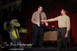Gator Creature/Phil played by Lynn Benefield, Lester played by Jeff Gibson, and Sandy played by Doug Simmons perform during the Great Bend Community Theater's final rehearsal of "Duck Hunter Shoots Angel" by Mitch Albom at Crest Theater in Great Bend, Kansas on April 17, 2013. (Photo: Joey Bahr, www.joeybahr.com)