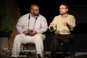 Lenny played by C.T. Taylor and Sandy played by Doug Simmons perform during the Great Bend Community Theater's final rehearsal of "Duck Hunter Shoots Angel" by Mitch Albom at Crest Theater in Great Bend, Kansas on April 17, 2013. (Photo: Joey Bahr, www.joeybahr.com)