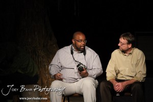 Lenny played by C.T. Taylor explains a point to Sandy played by Doug Simmons during the Great Bend Community Theater's final rehearsal of "Duck Hunter Shoots Angel" by Mitch Albom at Crest Theater in Great Bend, Kansas on April 17, 2013. (Photo: Joey Bahr, www.joeybahr.com)
