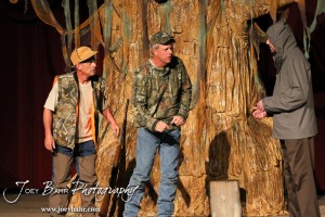 Duane played by K.B. Bell and Duwell played by Charlie Dixon meet someone "from up North," Sandy played by Doug Simmons, during the Great Bend Community Theater's final rehearsal of "Duck Hunter Shoots Angel" by Mitch Albom at Crest Theater in Great Bend, Kansas on April 17, 2013. (Photo: Joey Bahr, www.joeybahr.com)