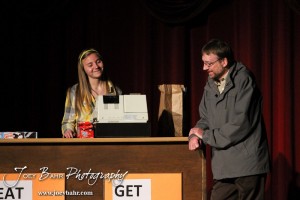 Kansas played by Kaylan Lagerman and Sandy played by Doug Simmons share a laugh during the Great Bend Community Theater's final rehearsal of "Duck Hunter Shoots Angel" by Mitch Albom at Crest Theater in Great Bend, Kansas on April 17, 2013. (Photo: Joey Bahr, www.joeybahr.com)