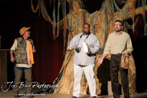 Duane played by K.B. Bell, Lenny played by C.T. Taylor, and Sandy played by Doug Simmons call out for Duwell played by Charlie Dixon during the Great Bend Community Theater's final rehearsal of "Duck Hunter Shoots Angel" by Mitch Albom at Crest Theater in Great Bend, Kansas on April 17, 2013. (Photo: Joey Bahr, www.joeybahr.com)