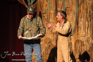 Duwell played by Charlie Dixon and Duane played by K.B. Bell discuss how to handle their story during the Great Bend Community Theater's final rehearsal of "Duck Hunter Shoots Angel" by Mitch Albom at Crest Theater in Great Bend, Kansas on April 17, 2013. (Photo: Joey Bahr, www.joeybahr.com)