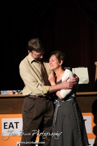 Sandy played by Doug Simmons and Woman played by Claudia Wyatt reminisce during the Great Bend Community Theater's final rehearsal of "Duck Hunter Shoots Angel" by Mitch Albom at Crest Theater in Great Bend, Kansas on April 17, 2013. (Photo: Joey Bahr, www.joeybahr.com)