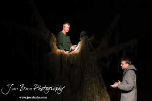 Sandy played by Doug Simmons talks to Duwell played by Charlie Dixon during the Great Bend Community Theater's final rehearsal of "Duck Hunter Shoots Angel" by Mitch Albom at Crest Theater in Great Bend, Kansas on April 17, 2013. (Photo: Joey Bahr, www.joeybahr.com)