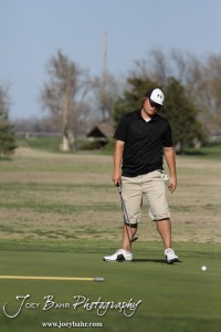 Great Bend Panther Matt Marshall reacts to a putt during the Great Bend High School Boys Golf Invitational Tournament at The Club at Stoneridge in Great Bend, Kansas on April 29, 2013. (Photo: Joey Bahr, www.joeybahr.com)